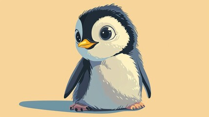 Wall Mural -  a small penguin with a yellow beak and a black and white beak, sitting on a yellow background, with a shadow of its head on the penguin's feet.