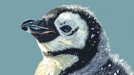 Wall Mural -  a close up of a penguin's face with snow on it's fur and a blue sky in the background, with a light blue sky in the background.