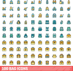 Wall Mural - 100 bag icons set. Color line set of bag vector icons thin line color flat on white