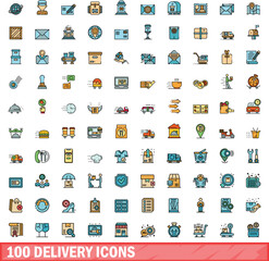 Poster - 100 delivery icons set. Color line set of delivery vector icons thin line color flat on white