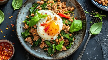Wall Mural - stir fried thai basil with minced pork with fried egg