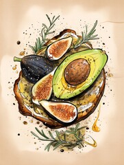 Sticker -  a painting of an avocado on a toast with a sprig of rosemary on the side and a slice of avocado on the other side.