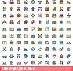 Poster - 100 garage icons set. Color line set of garage vector icons thin line color flat on white
