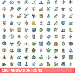 Wall Mural - 100 innovation icons set. Color line set of innovation vector icons thin line color flat on white