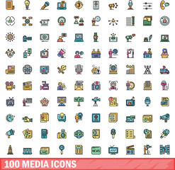 Poster - 100 media icons set. Color line set of media vector icons thin line color flat on white