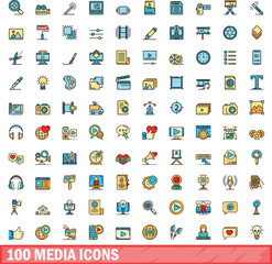 Poster - 100 media icons set. Color line set of media vector icons thin line color flat on white