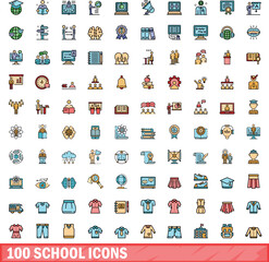 Poster - 100 school icons set. Color line set of school vector icons thin line color flat on white