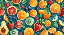  A Painting Of Oranges, Raspberries, Kiwis, And Pears On A Blue Background With Leaves And Berries On The Bottom Of The Image.