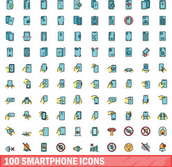 Poster - 100 smartphone icons set. Color line set of smartphone vector icons thin line color flat on white
