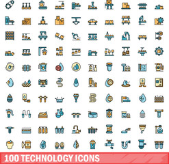 Poster - 100 technology icons set. Color line set of technology vector icons thin line color flat on white