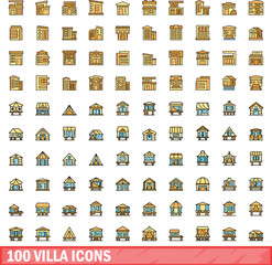 Poster - 100 villa icons set. Color line set of villa vector icons thin line color flat on white