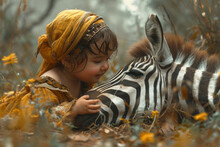 Little Girl Standing Next To A Zebra In A Field. A Little Girl And A Zebra Stand Together In A Grassy Field
