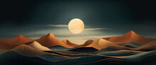 Full Moon Over The Mountains, Background, Glowing Light, Clouds, Golden Lines Waves, Sea, Elegant Drawing, Orange, Blue, Beige, Yellow, Soft, Imaginary Japanese Etching, Fantasy, Night Landscape