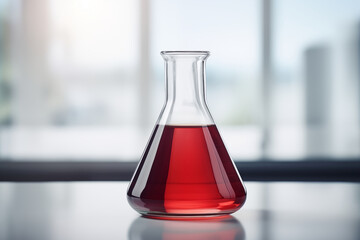 Erlenmeyer flask laboratory glassware, white lab bench red liquid equipment for scientific experiment in a medicine biology healthcare chemistry research reserach center flavor perfume odor frangrance