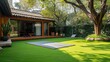 cozy place for meditation and relaxation activities in the middle of nature on a green lawn in the courtyard of an Asian style house