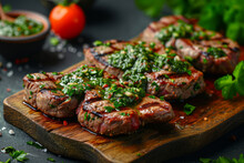 Homemade Grilled Steak With Chimichurri Sauce And Spices. Generative AI