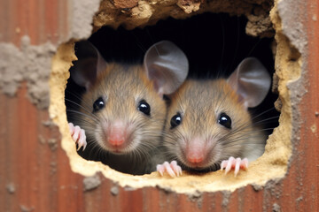 Two mice look out of their hole