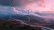 Uma imagem panorâmica de um parque eólico com fileiras de turbinas eólicas gerando energia limpa ilustrando o compromisso com energia renovável no setor industrial
