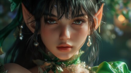 Wall Mural - fantasy photography, An elf lady model with ponytail hair, bangs, oval-face. close up portrait.