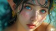 fantasy photography, An elf lady model with ponytail hair, bangs, oval-face. close up portrait.