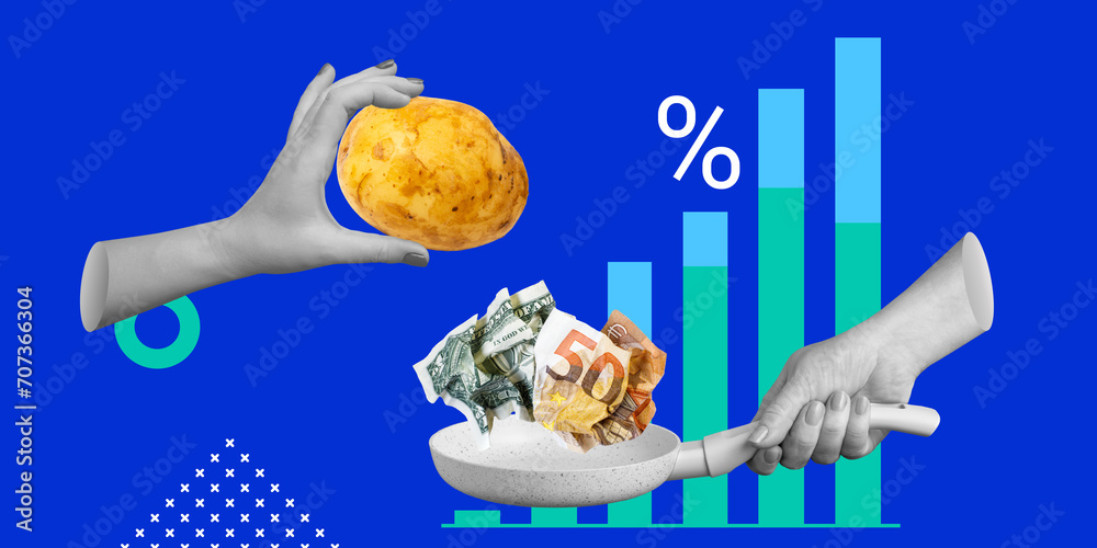 Inflation, rising food costs. Hand with potatoes and money in a pan ...