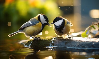 Two great tit birds, Parus major, drinking water from a fountain.