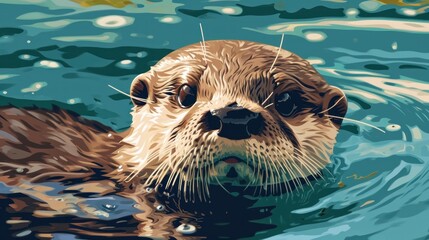 Wall Mural -  a close up of a sea otter swimming in a body of water with it's head above the water's surface and it's surface, looking at the camera.