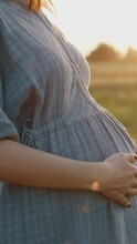 Vertical Portrait Shot Happy Pregnant Woman Dressed In Linen Dress And Straw Hat Touches Her Belly Standing Near Oak Tree In Meadow In Sunset Light. Expectant Mother Looks Into Camera And Smiles