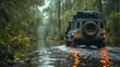 A car driving through a wet forest, an off-road trip