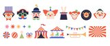 Fototapeta  - Circus, Carnival, Street Festival, Purim Carnival concept illustrations, elements and icons. Cute faces of clowns and animals. Circus background. Geometric retro style design