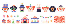 Circus, Carnival, Street Festival, Purim Carnival Concept Illustrations, Elements And Icons. Cute Faces Of Clowns And Animals. Circus Background. Geometric Retro Style Design