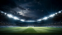 Stadium Lights Against Dark Night Sky Background. Soccer Match Lights