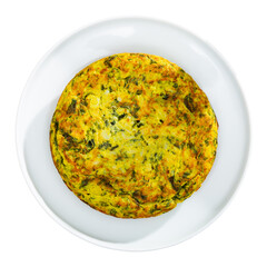 Image of Omelette with spinach/Tortilla de espinaca, beautiful restaurant presentation of dish. Isolated over white background