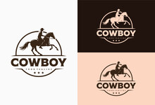 Cowboy Logo Riding A Horse With Circle Background Design Vector Illustration