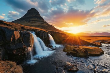  Sunset over Kirkjufellsfoss Waterfall and Kirkjufell Mountain, an iconic Icelandic landscape that blends majestic silhouettes, reflecting rivers and waterfalls, and the ethereal play of sunlight