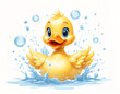 Illustration of a little cute yellow cartoon duckling with soap bubbles and water splashing around it, isolated on white background. Generative AI
