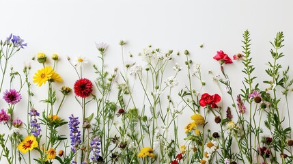 Wall Mural - Collection of mixed wildflowers on white background. Copy space