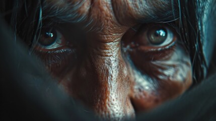 Canvas Print - A close up of a man's face with his eyes peeking out, AI