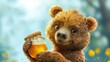  a close up of a teddy bear holding a glass of beer and looking at the camera with a surprised look on his face and a blurry background of yellow flowers.