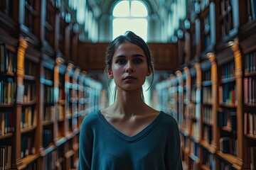 Poster - A woman stands in the vast expanse of a public library, her face illuminated by the soft glow of the shelves, surrounded by the knowledge and stories held within the neatly arranged books and bookcas