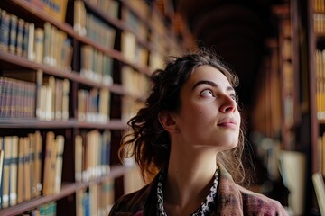 Poster - A curious woman immerses herself in the world of knowledge and literature, surrounded by endless rows of books and shelves, lost in the magic of a public library