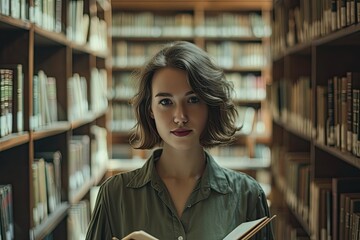 Poster - A woman's face is illuminated by the shelves of books surrounding her, capturing the essence of a public library as she stands among the vast collection of publications in this indoor haven for book 