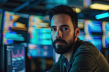 Poster - A bearded man intently works on his computer, his serious expression framed by a full mustache and stylish clothing, showcasing the modern human's dedication to technology and personal style