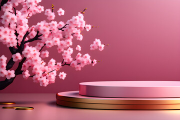 Wall Mural - a round podium with sakura cherry blossoms painted on a pink background with an abstract minimal con