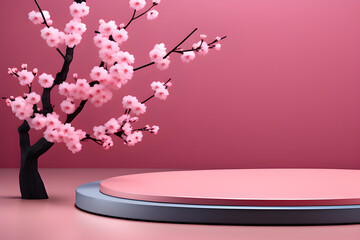 Wall Mural - A round podium with Sakura cherry blossoms painted on a pink background with an abstract minimal concept. Neckup template for product presentation. 3D rendering generative ai