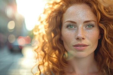 A captivating portrait of a red-haired woman, her long ringlets framing her delicate face as she gazes thoughtfully into the distance, accentuated by her bold eyebrow and luscious lips, all captured 