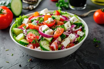 Wall Mural - Fresh Greek salad with tomato onion cucumber pepper lettuce and feta cheese in a white bowl