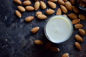 Glass of almond milk seen from above on black surface