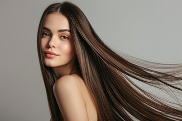 Poster - Gorgeous model with sleek long shiny brown hair Keratin treatment care and spa for a sleek style