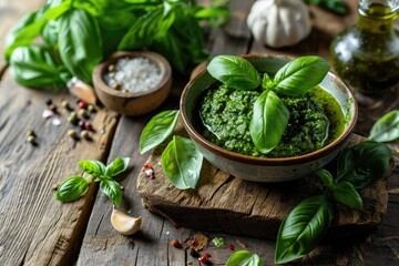 Wall Mural - Italian basil pesto sauce with culinary elements for cooking